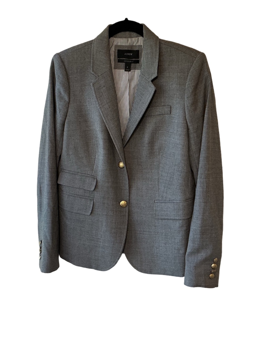 J. Crew Schoolboy Blazer Gray Wool Gold Crest Button Jacket Size 8